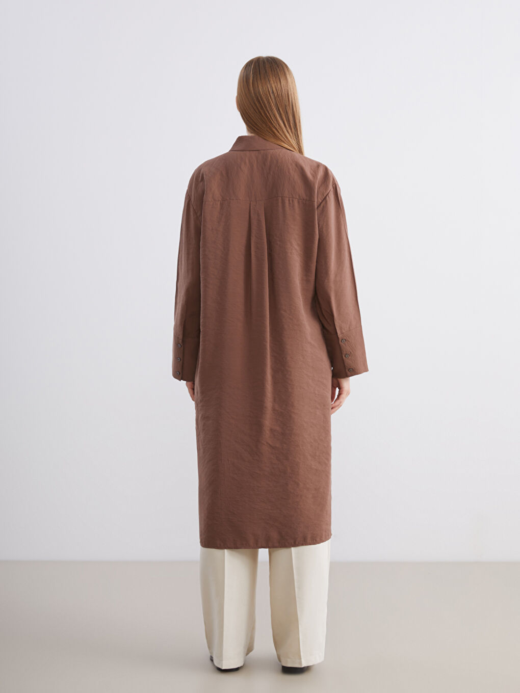 Kahverengi Oversize Modal Karışımlı Kadın Gömlek Tunik-3