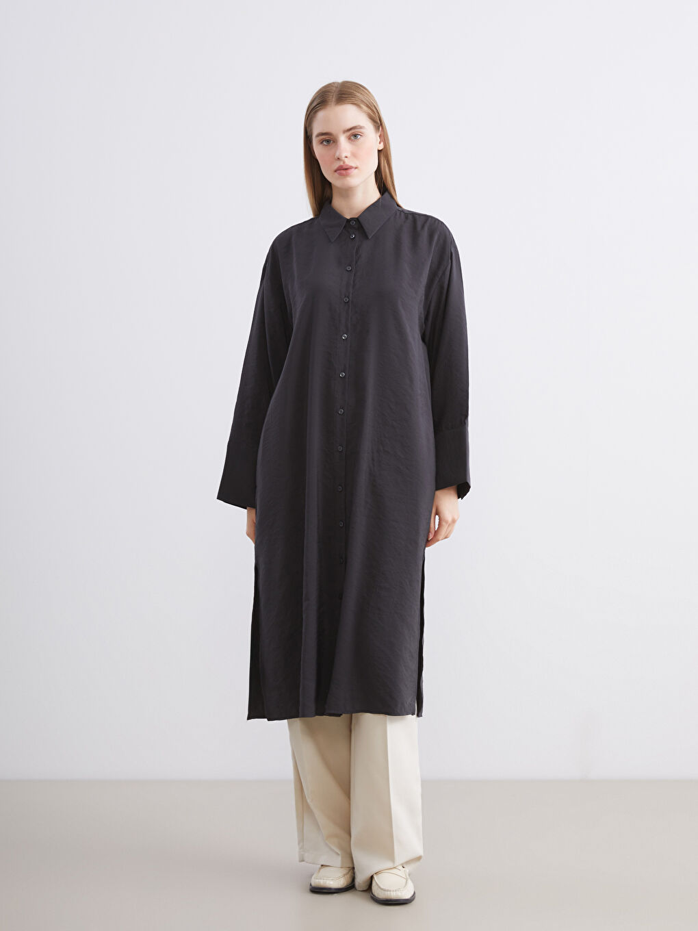 Antrasit Oversize Modal Karışımlı Kadın Gömlek Tunik