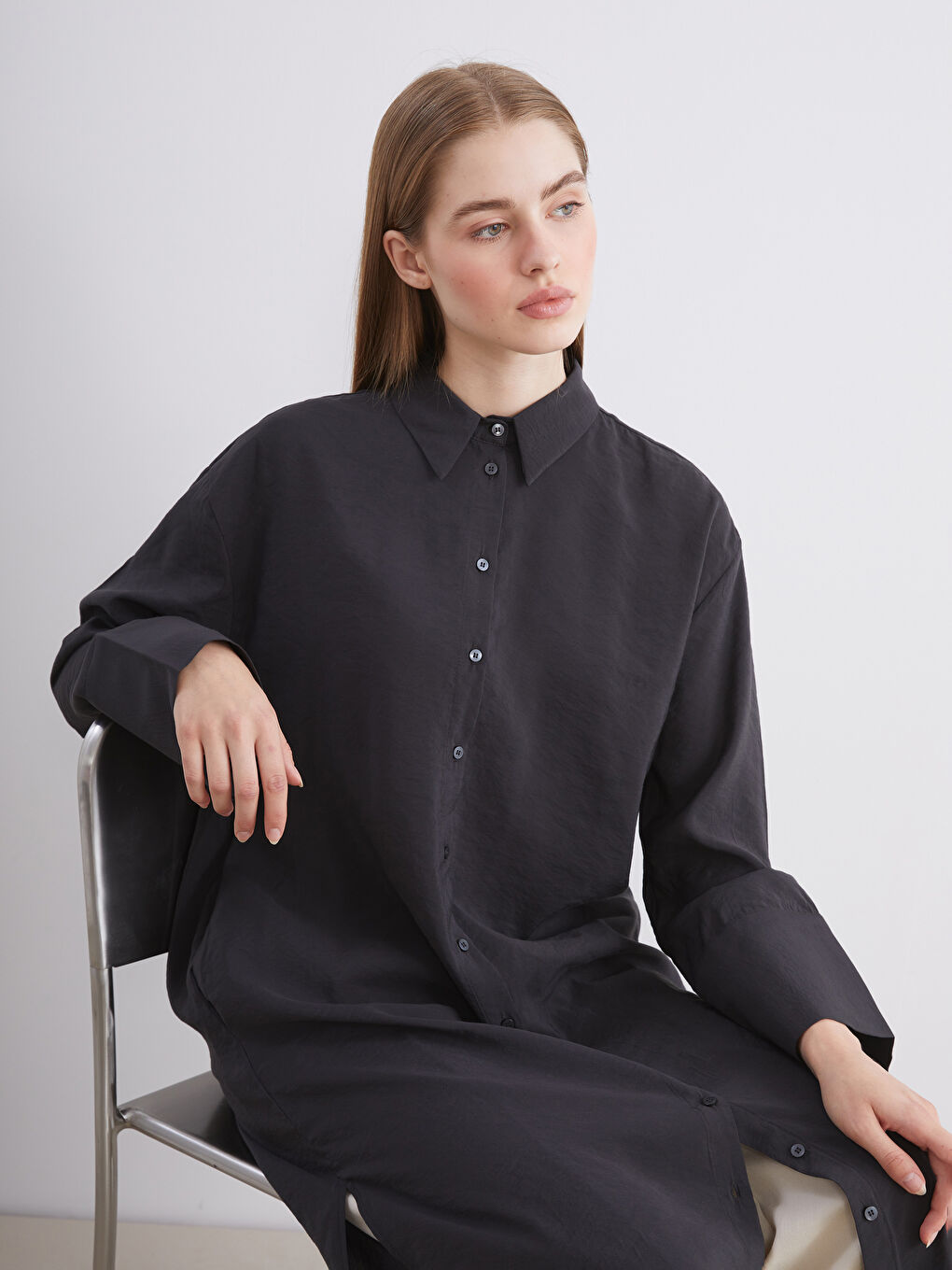 Antrasit Oversize Modal Karışımlı Kadın Gömlek Tunik-1