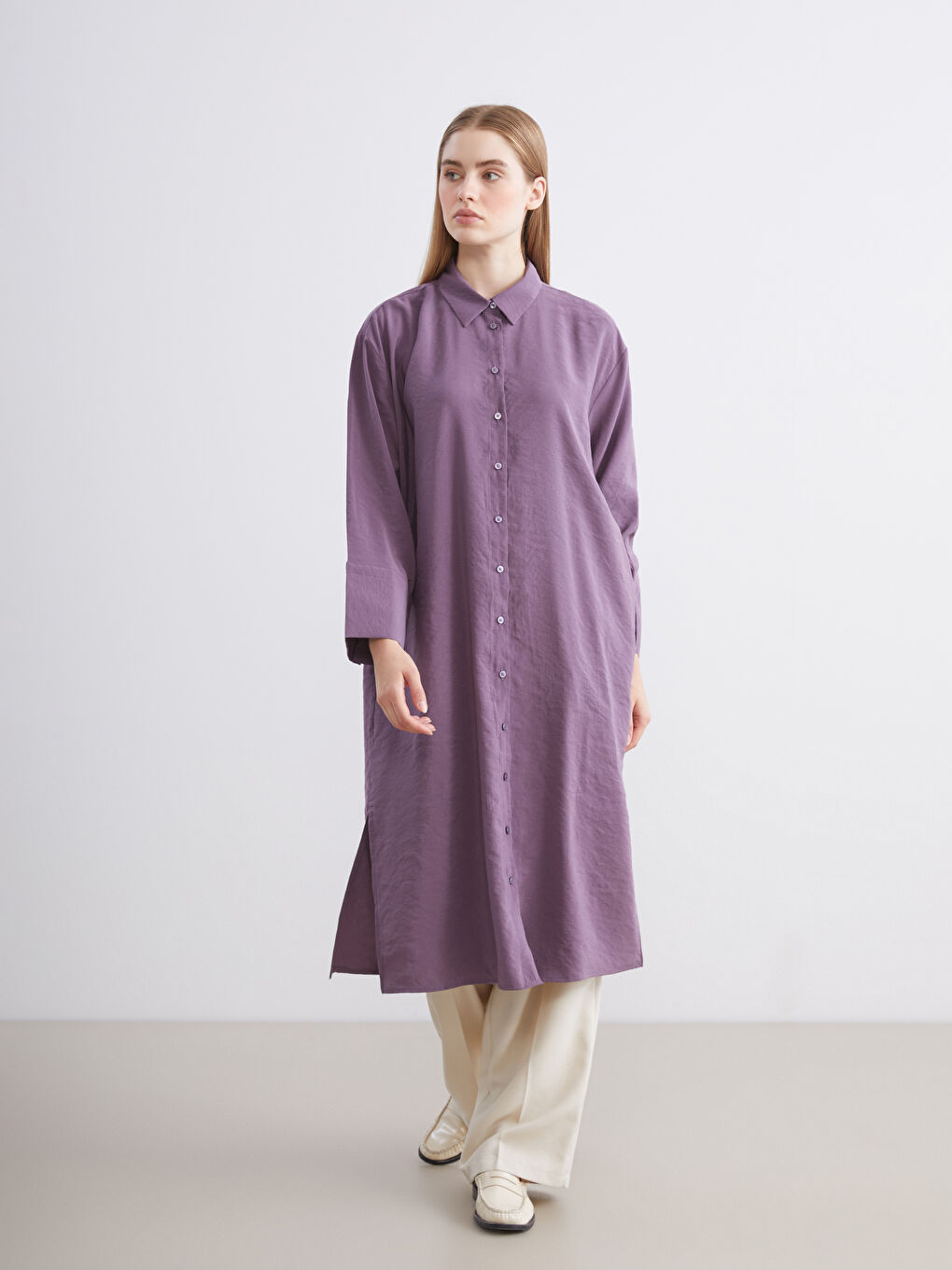 Mor Oversize Modal Karışımlı Kadın Gömlek Tunik-1