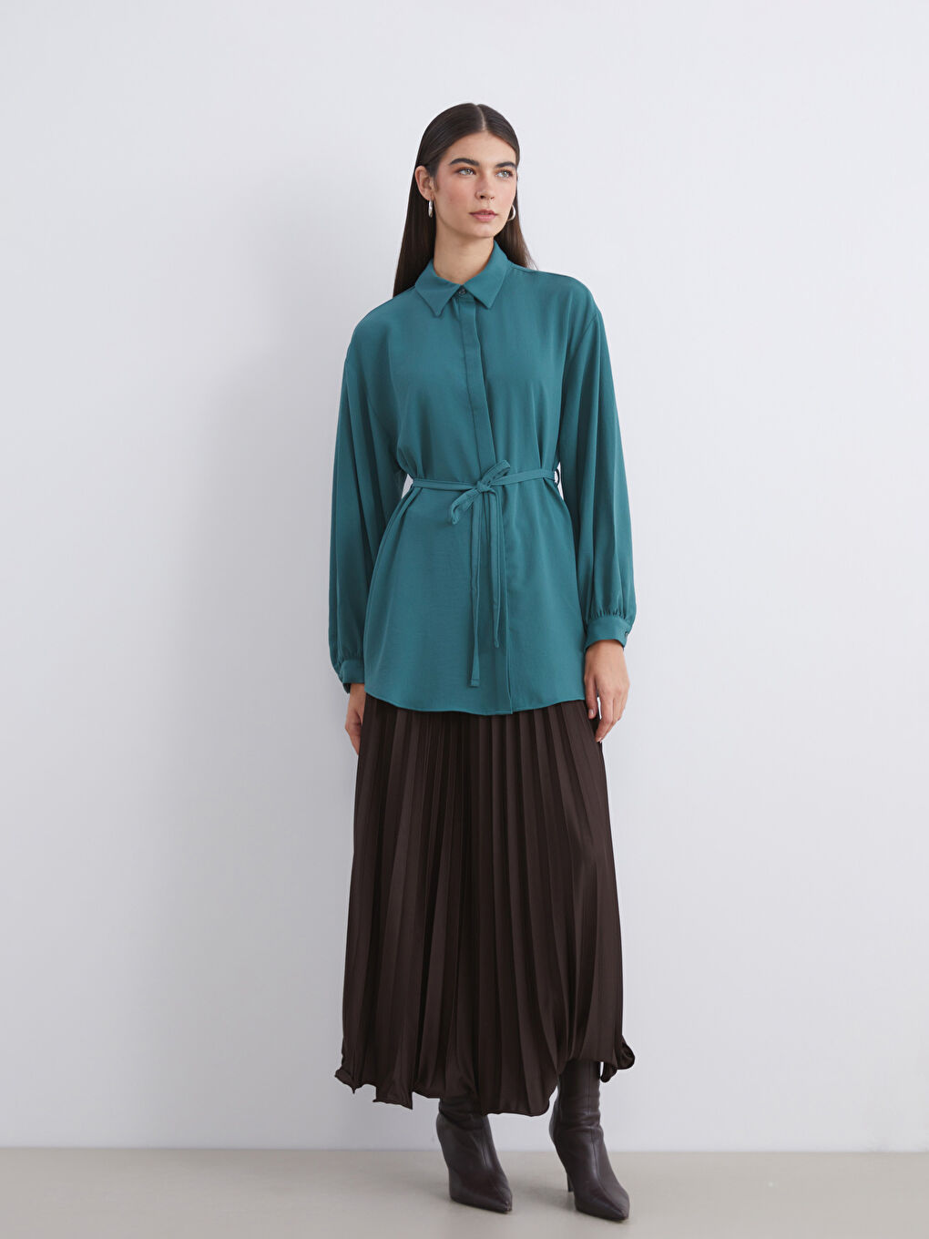 Yeşil Dokulu Oversize Kadın Gömlek Tunik-1