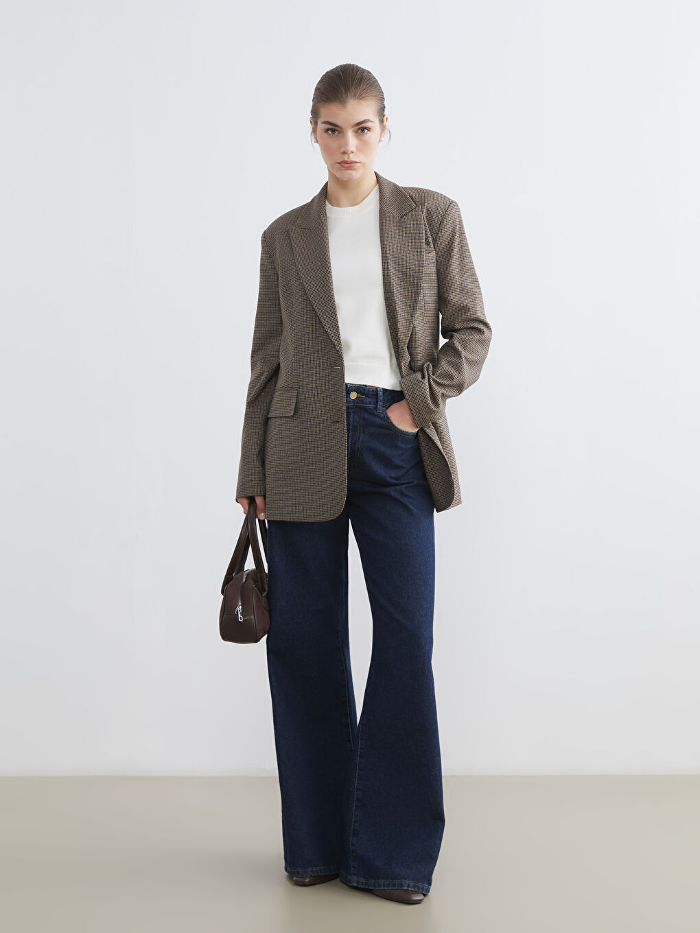 Kahverengi Kazayağı Desenli Kadın Blazer Ceket-1