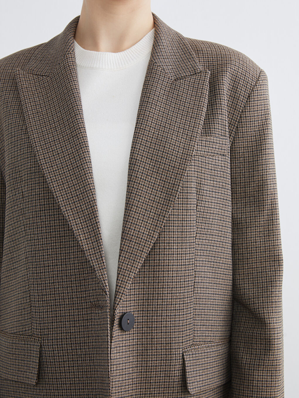 Kahverengi Kazayağı Desenli Kadın Blazer Ceket-2