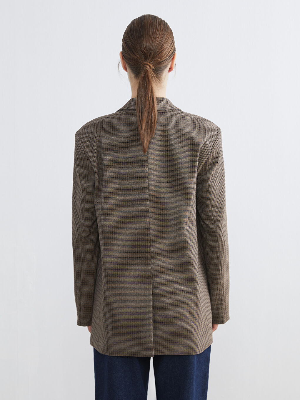 Kahverengi Kazayağı Desenli Kadın Blazer Ceket-4