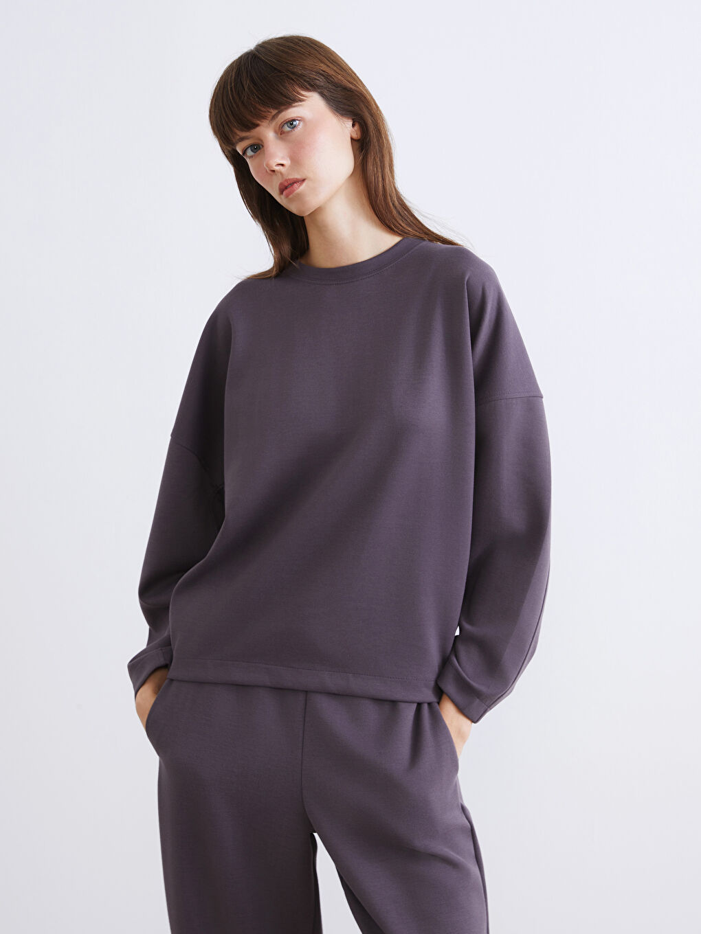 Mor Bisiklet Yaka Kadın Sweatshirt