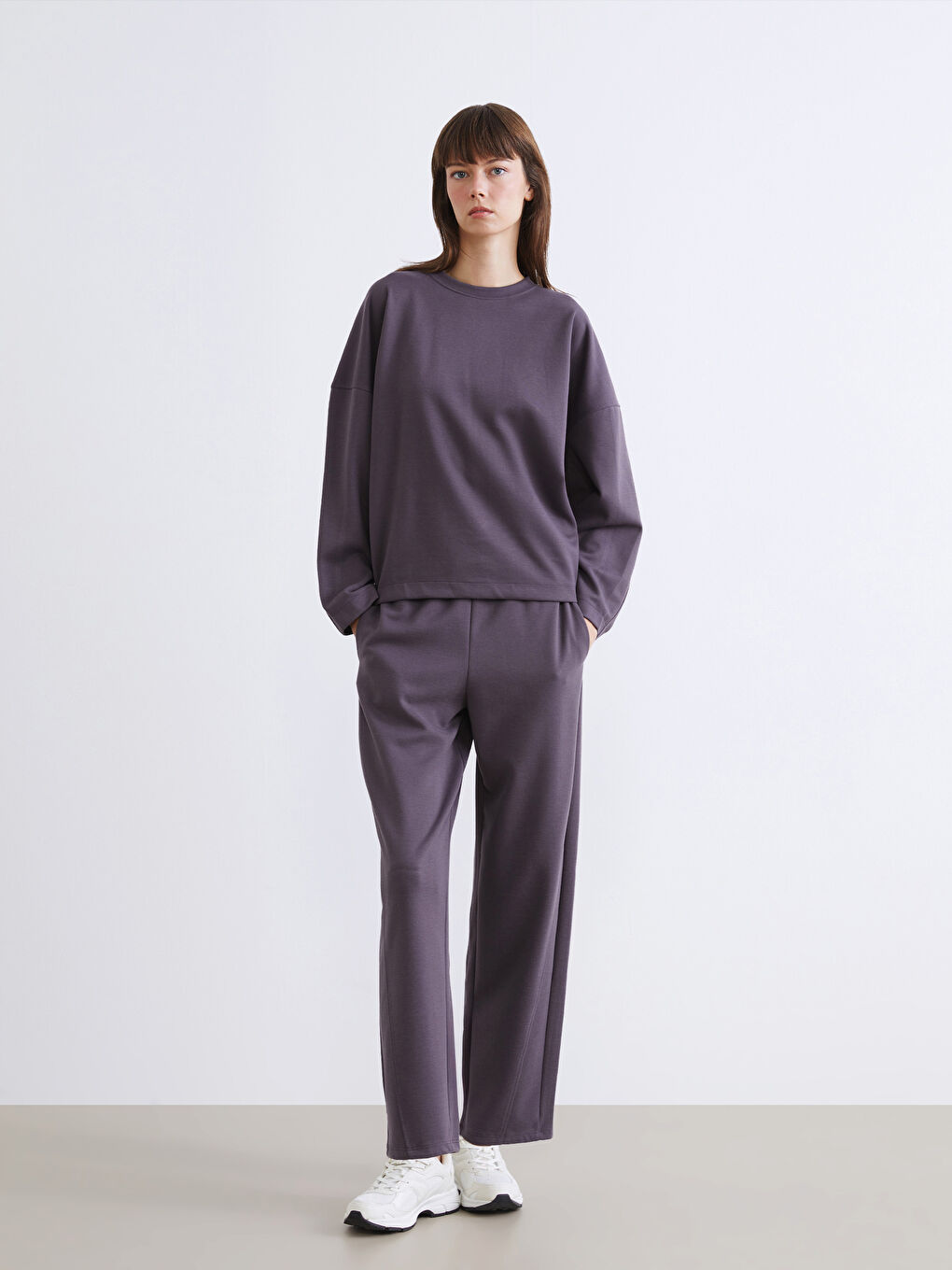 Mor Bisiklet Yaka Kadın Sweatshirt-1