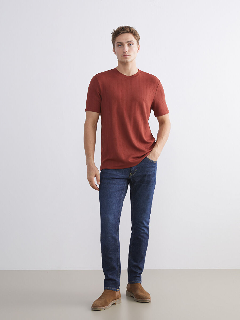 Kahverengi Bisiklet Yaka Erkek Tişört-1