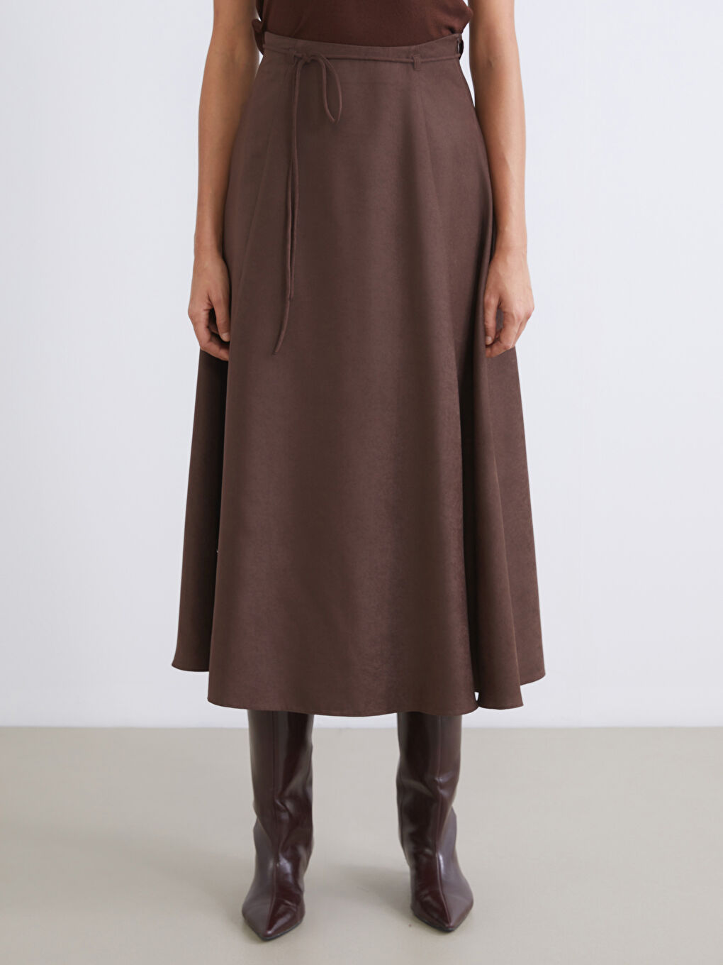 Kahverengi Beli Fermuarlı Kloş Etek-1