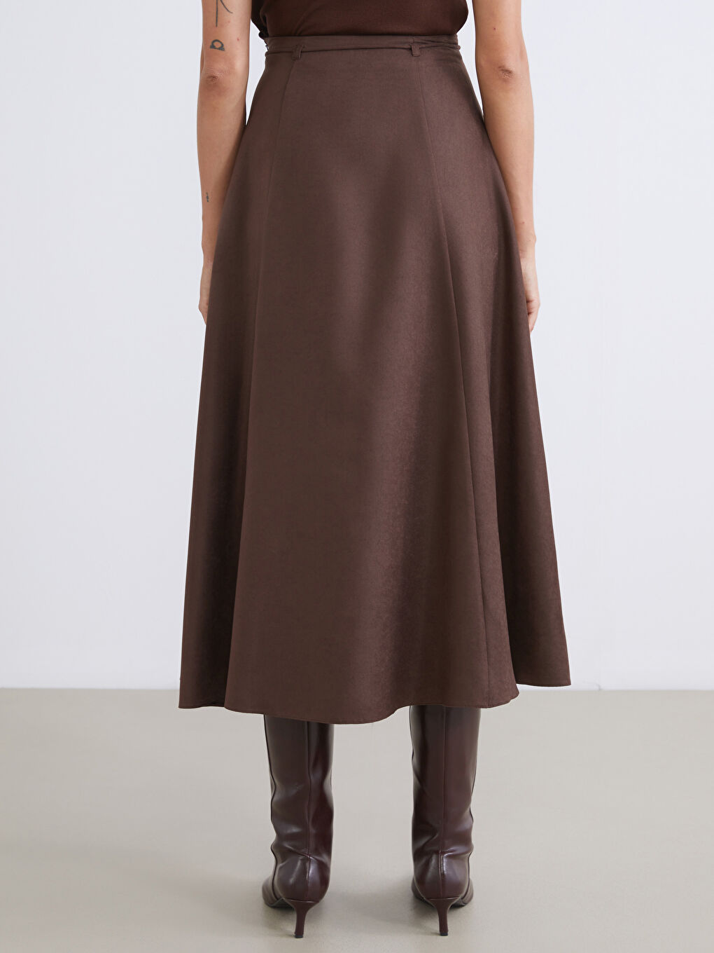 Kahverengi Beli Fermuarlı Kloş Etek-3