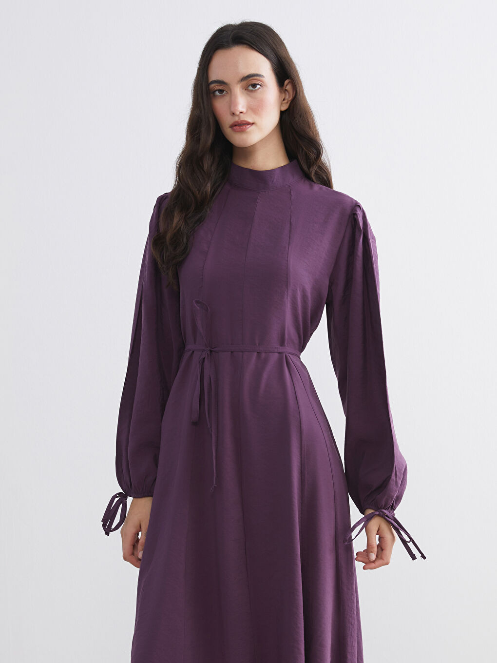 Mor Dik Yaka Modal Karışımlı Belden Oturtmalı Elbise-1