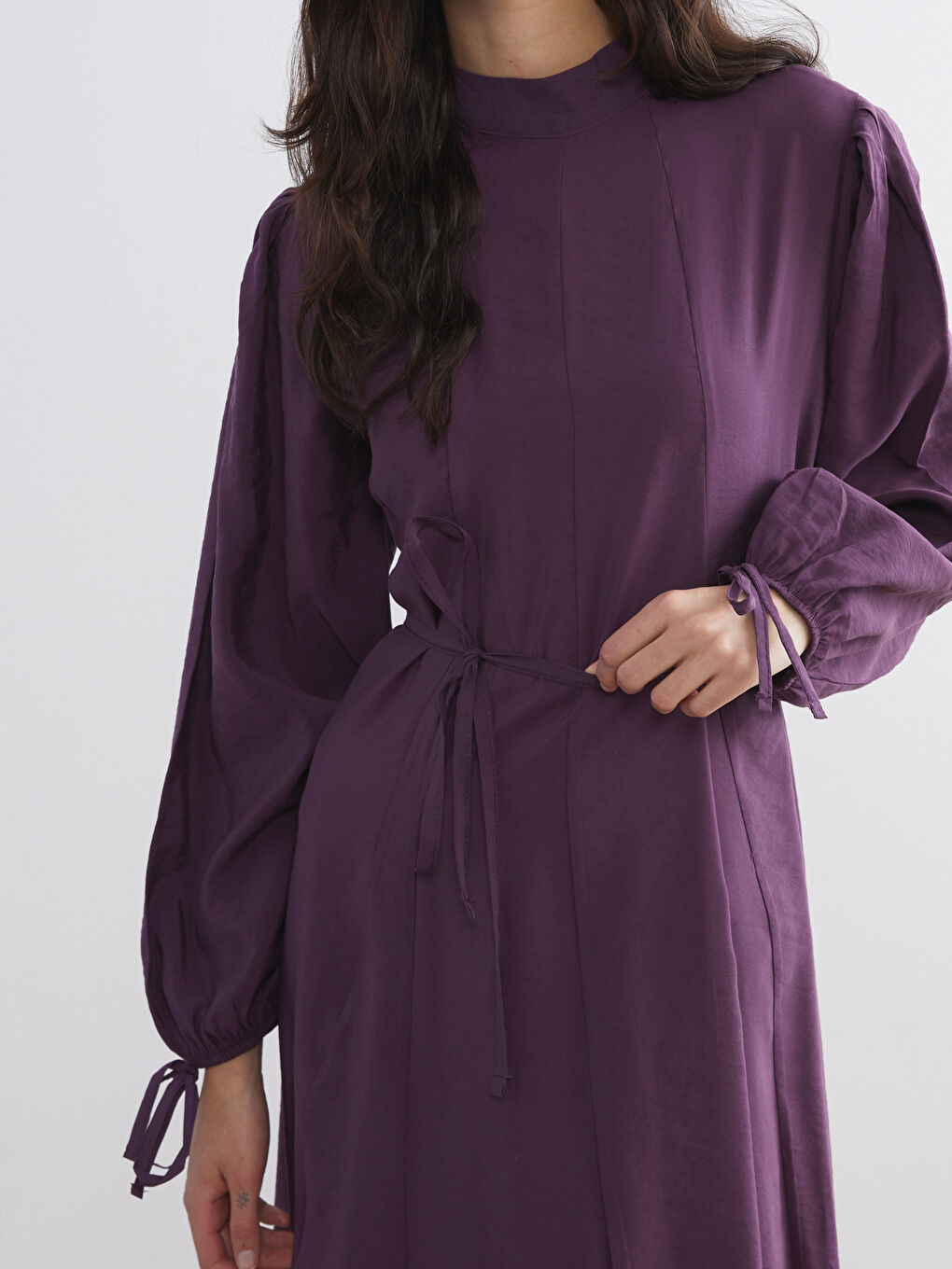 Mor Dik Yaka Modal Karışımlı Belden Oturtmalı Elbise-2