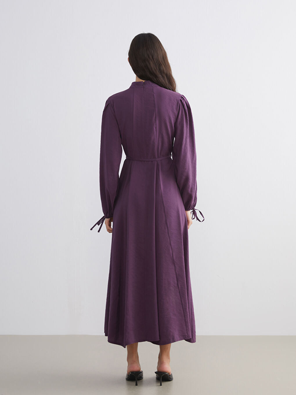 Mor Dik Yaka Modal Karışımlı Belden Oturtmalı Elbise-3