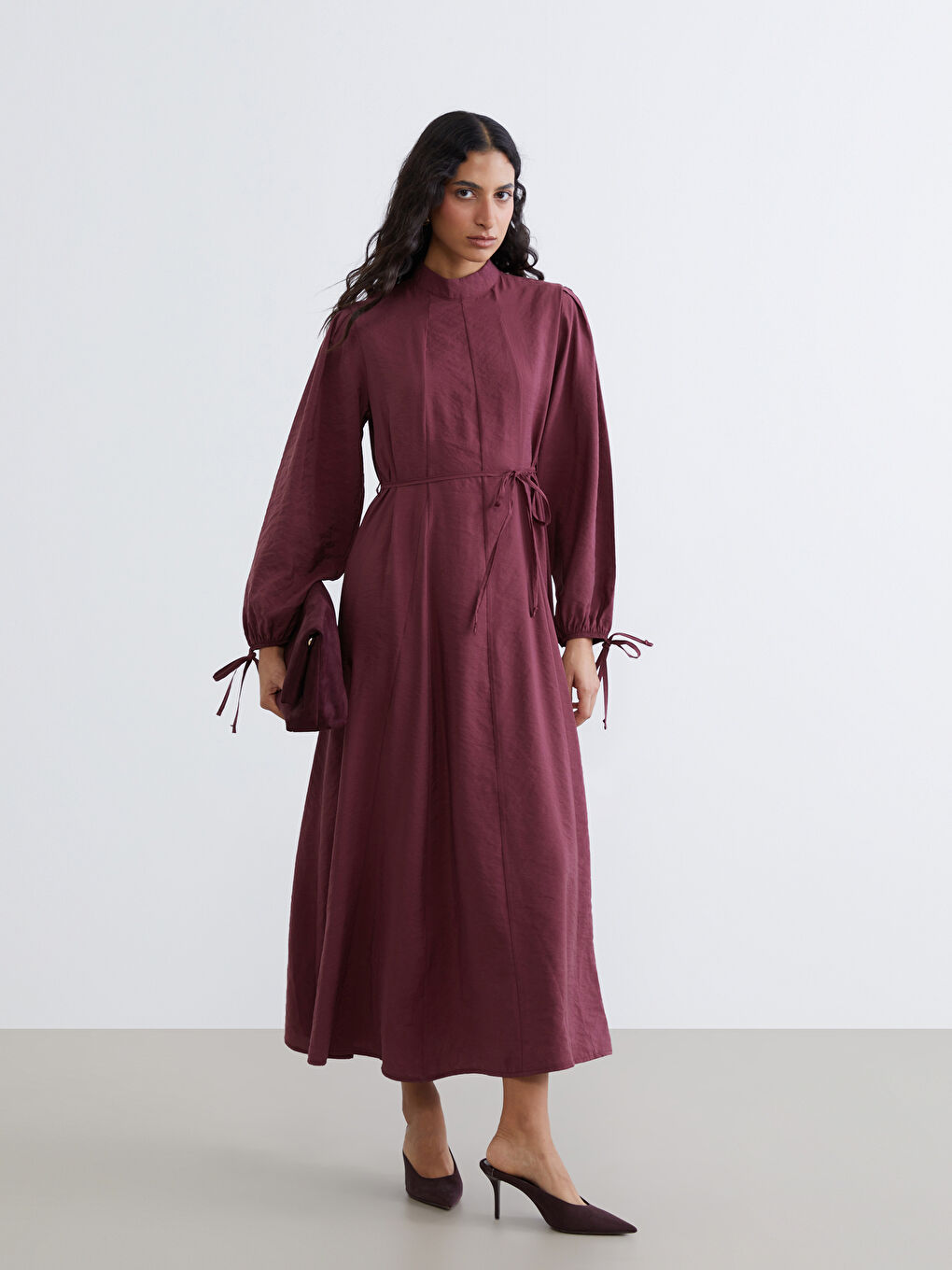 Bordo Dik Yaka Modal Karışımlı Belden Oturtmalı Elbise-1