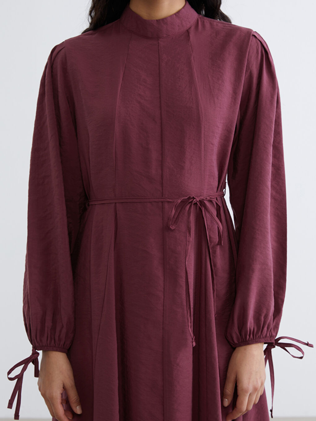 Bordo Dik Yaka Modal Karışımlı Belden Oturtmalı Elbise-2