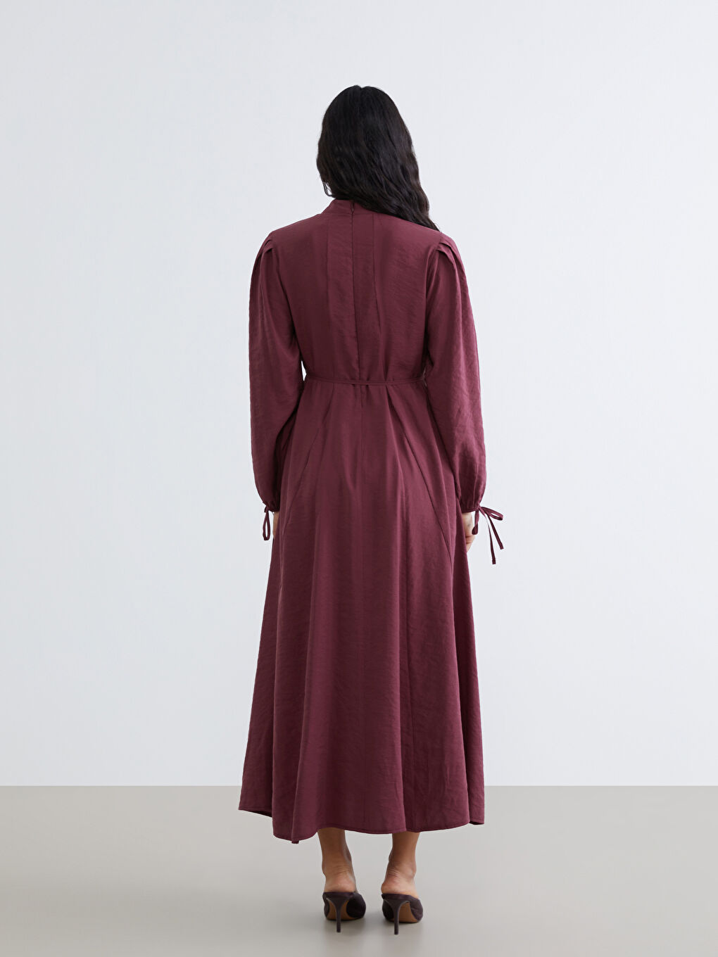 Bordo Dik Yaka Modal Karışımlı Belden Oturtmalı Elbise-3