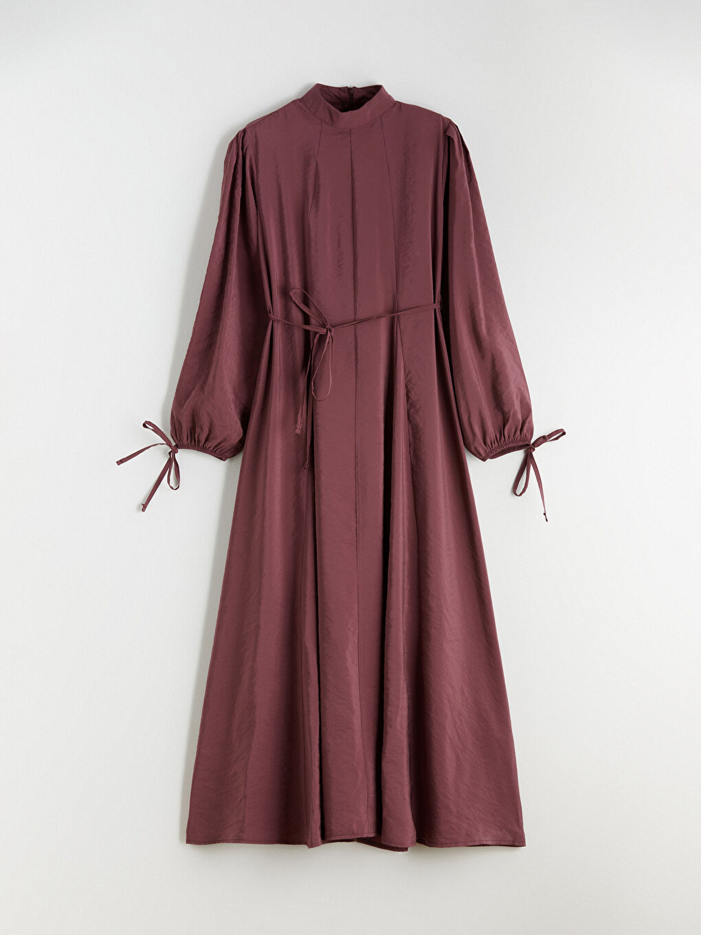 Bordo Dik Yaka Modal Karışımlı Belden Oturtmalı Elbise-4