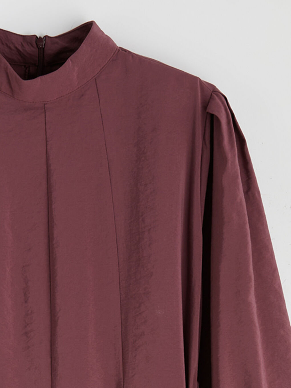 Bordo Dik Yaka Modal Karışımlı Belden Oturtmalı Elbise-5