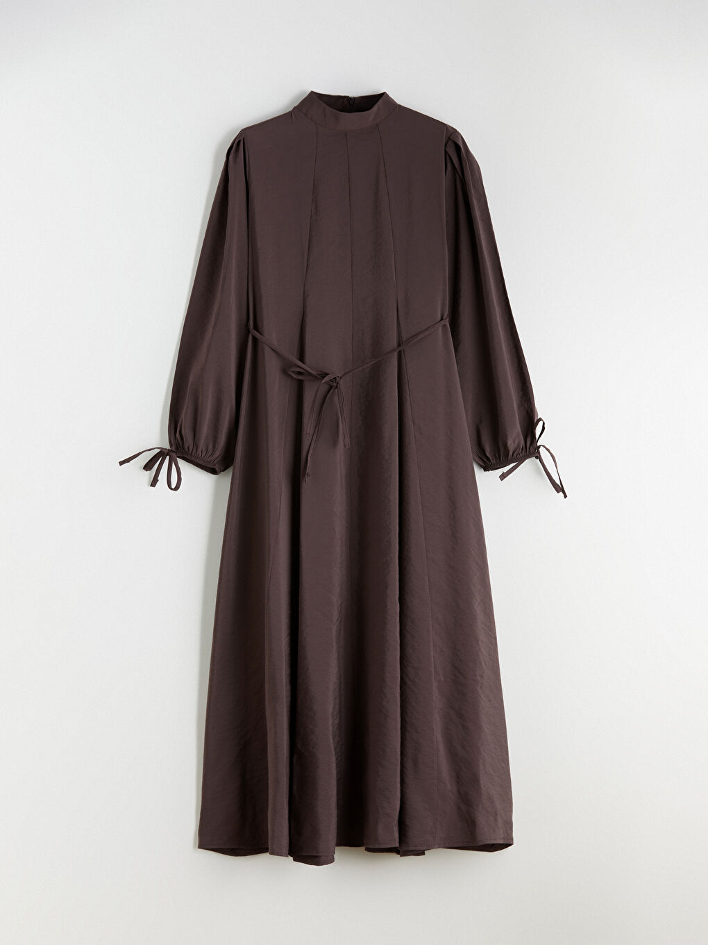 Kahverengi Dik Yaka Modal Karışımlı Belden Oturtmalı Elbise-4