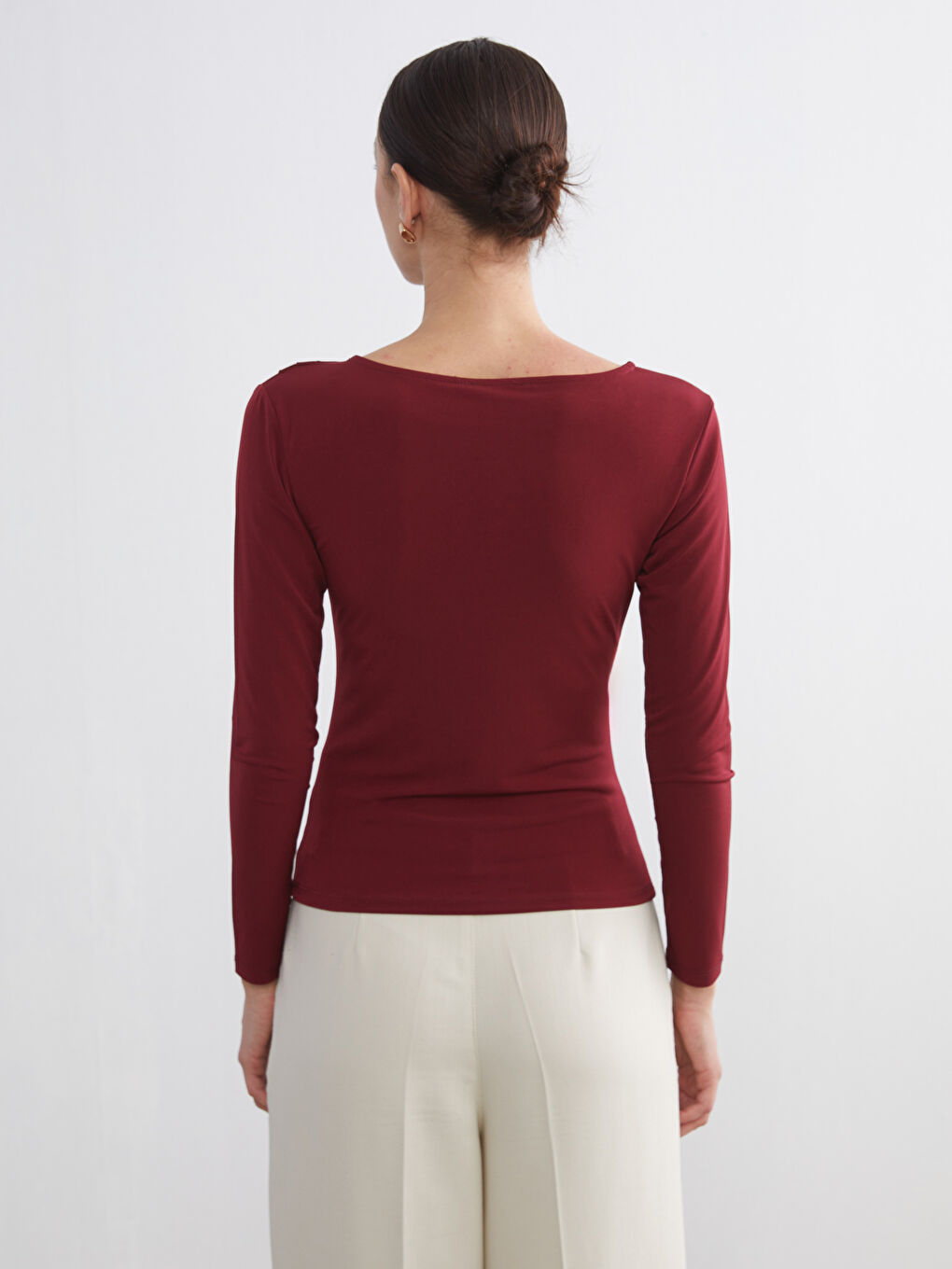 Mürdüm Kayık Yaka Büzgülü Bluz-4