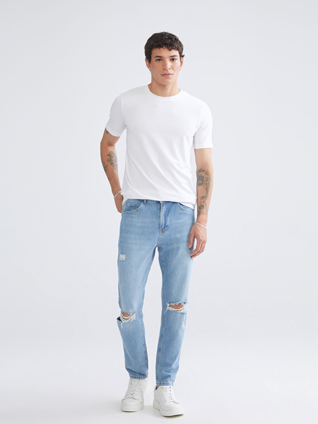 Beyaz Büyük Beden Bisiklet Yaka Penye Erkek Tişört 3'lü Paket-1