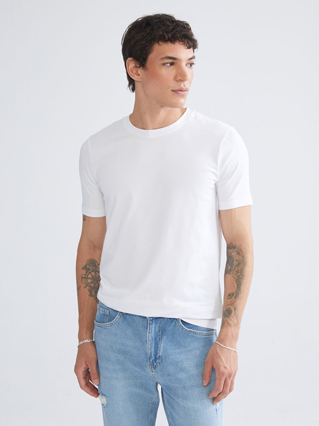 Beyaz Büyük Beden Bisiklet Yaka Penye Erkek Tişört 3'lü Paket-2