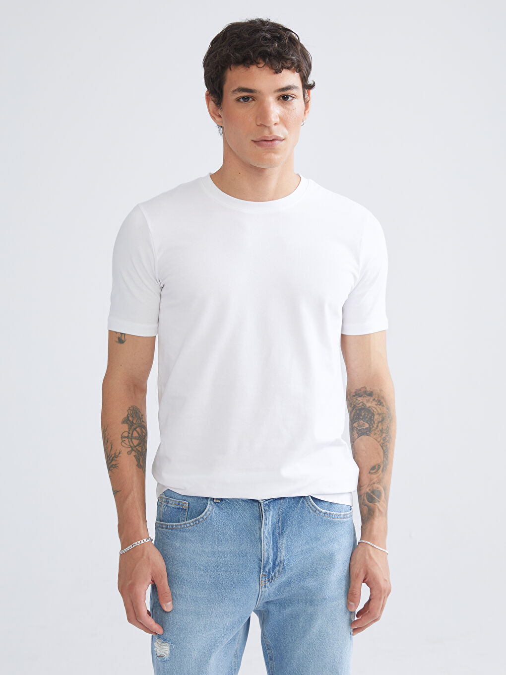 Beyaz Büyük Beden Bisiklet Yaka Penye Erkek Tişört 3'lü Paket-3