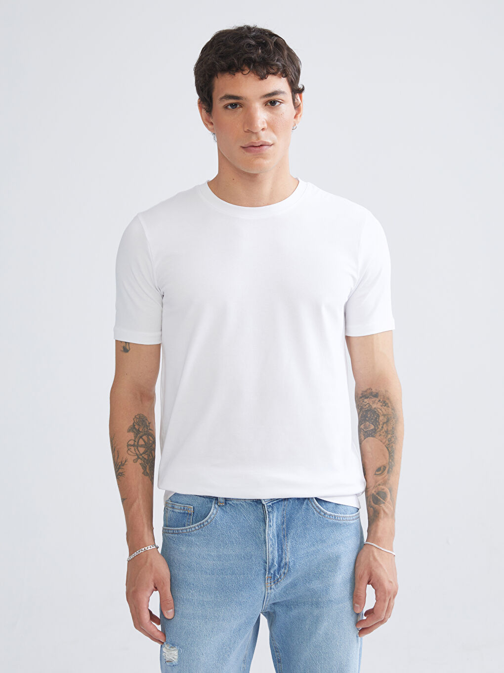 Beyaz Büyük Beden Bisiklet Yaka Penye Erkek Tişört 3'lü Paket-4