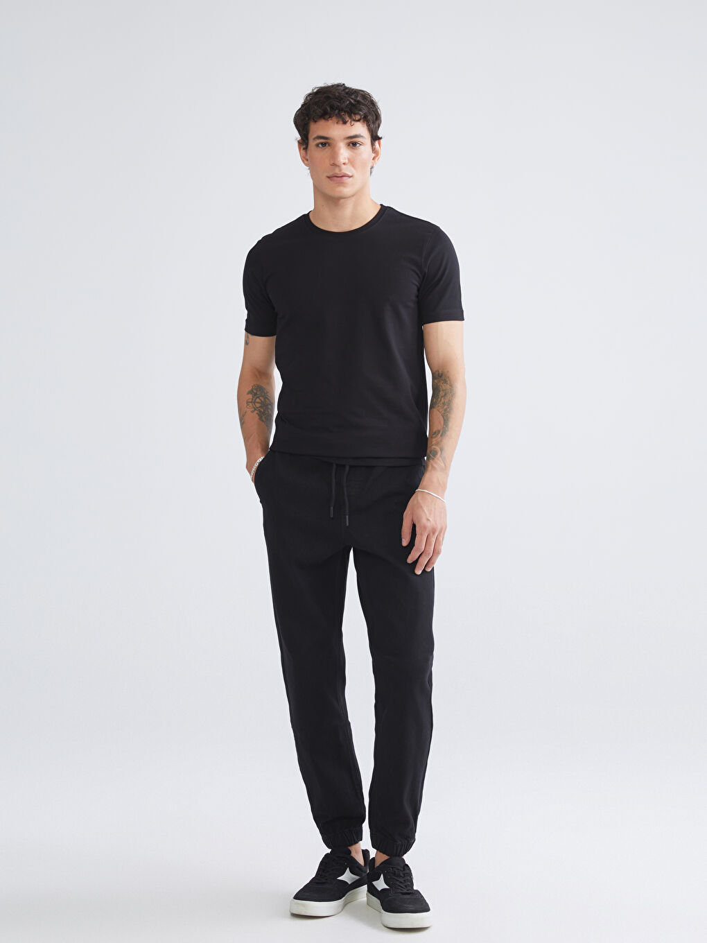 Siyah Büyük Beden Bisiklet Yaka Penye Erkek Tişört 3'lü Paket-1