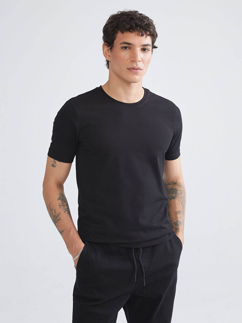 Siyah Büyük Beden Bisiklet Yaka Penye Erkek Tişört 3'lü Paket-2