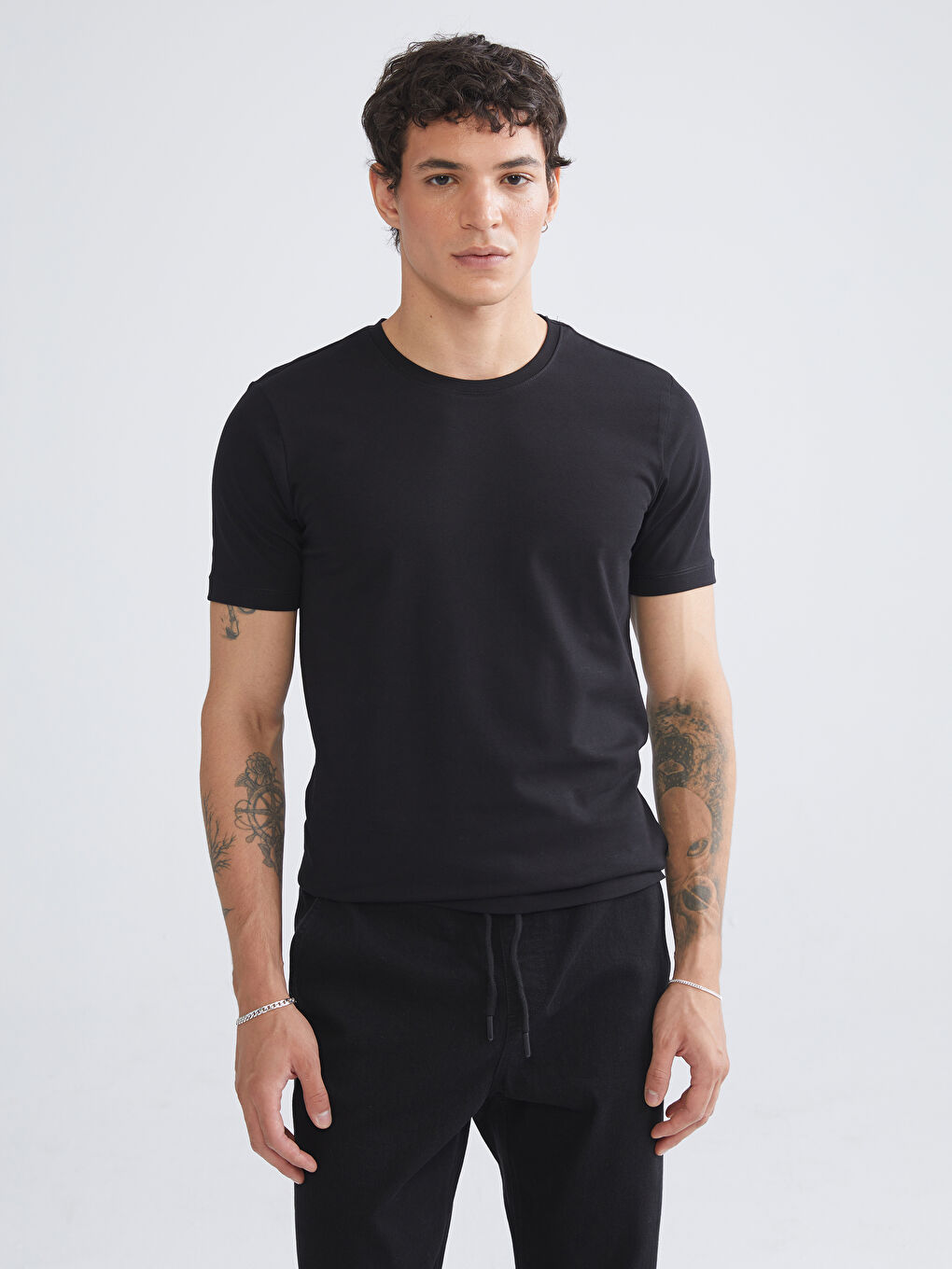 Siyah Büyük Beden Bisiklet Yaka Penye Erkek Tişört 3'lü Paket-4