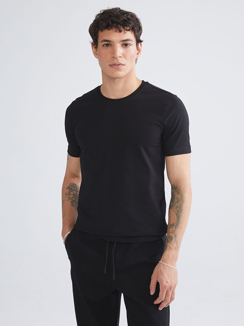 Siyah Büyük Beden Bisiklet Yaka Penye Erkek Tişört 3'lü Paket-5