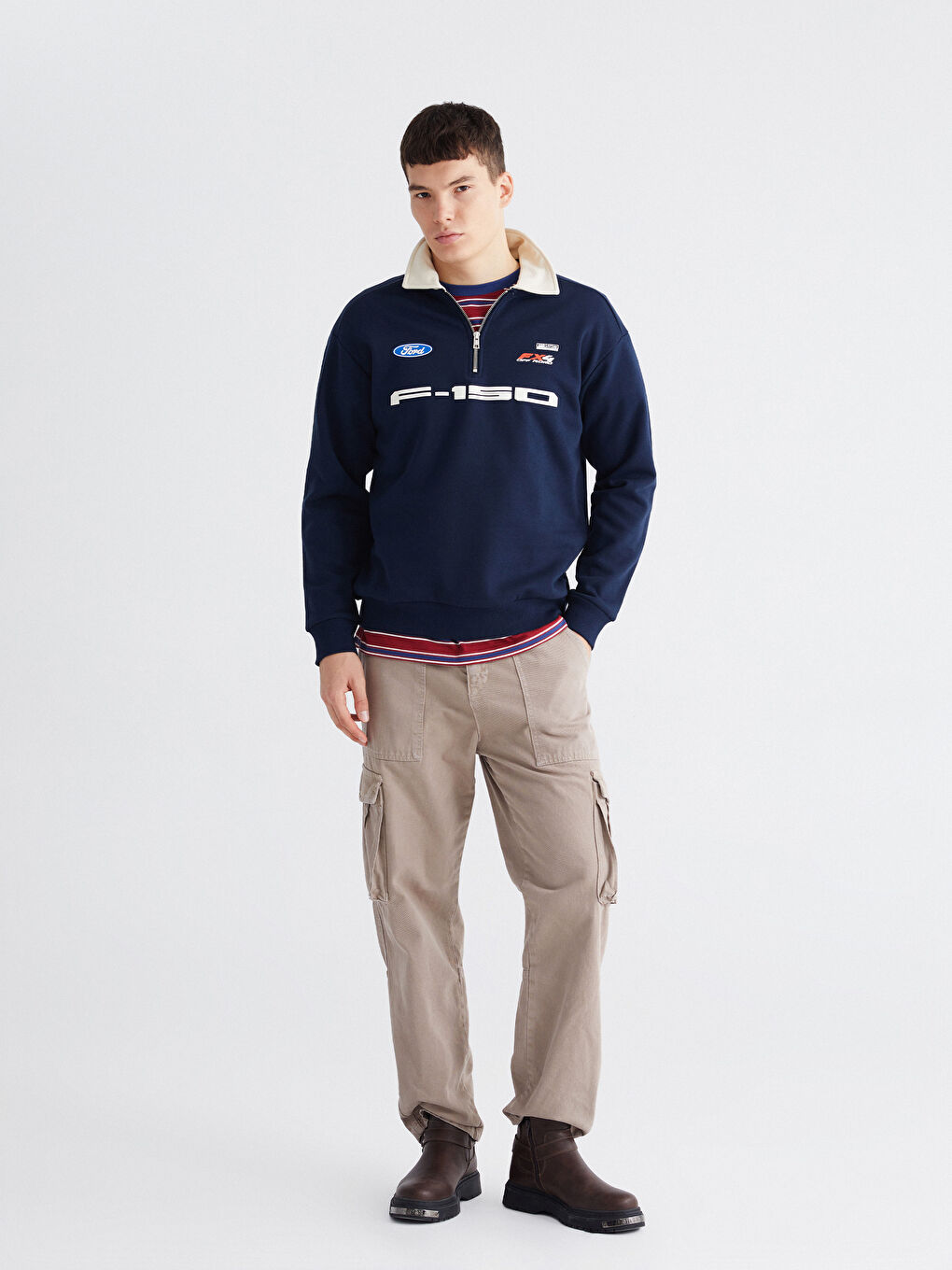 Lacivert Polo Yaka Ford Baskılı Erkek Sweatshirt-1