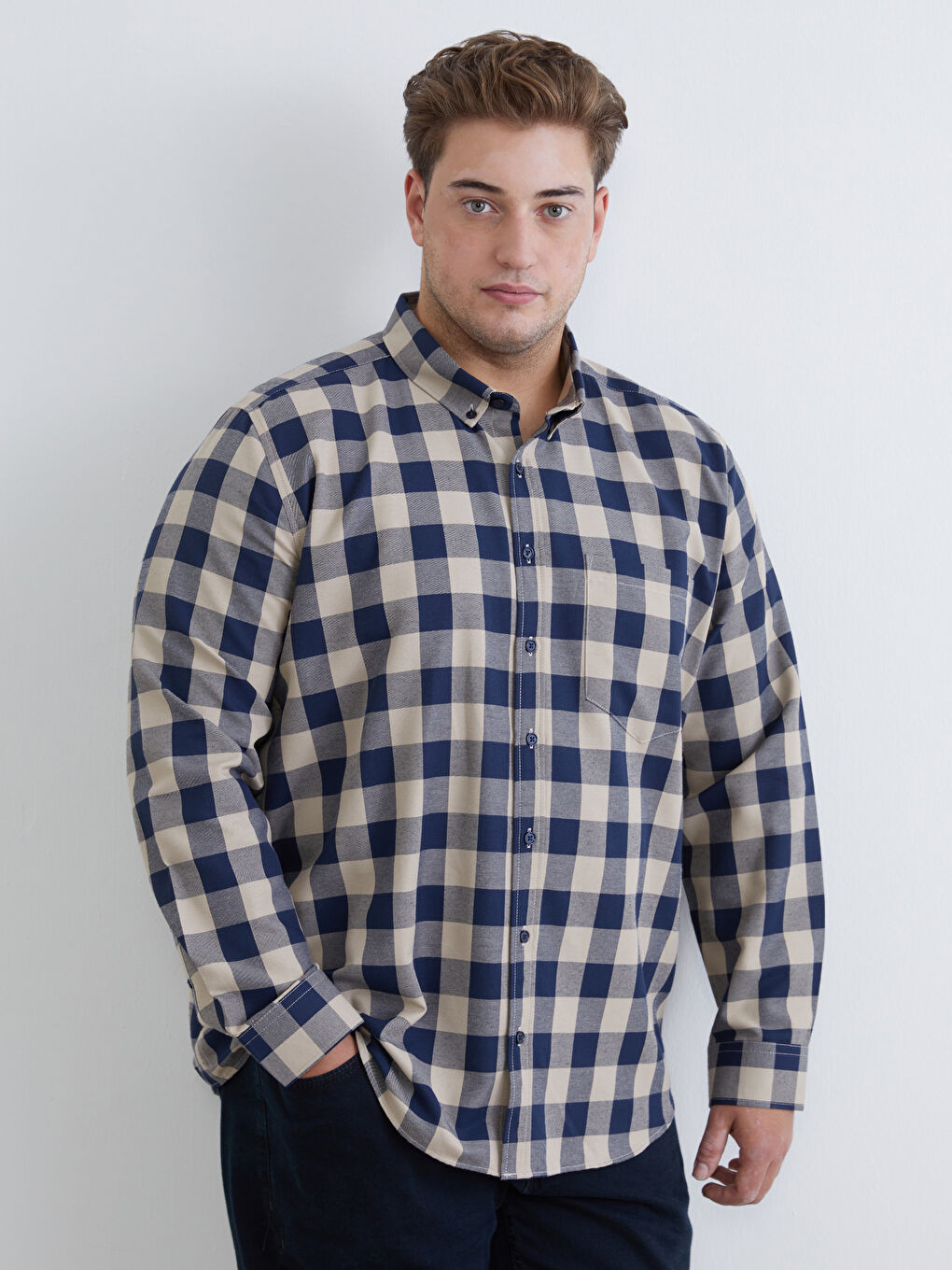 Bej Büyük Beden Regular Fit Uzun Kollu Ekose Gabardin Erkek Gömlek