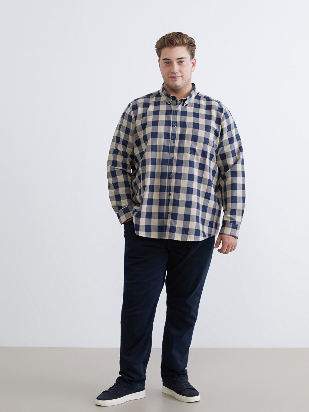 Bej Büyük Beden Regular Fit Uzun Kollu Ekose Gabardin Erkek Gömlek-3