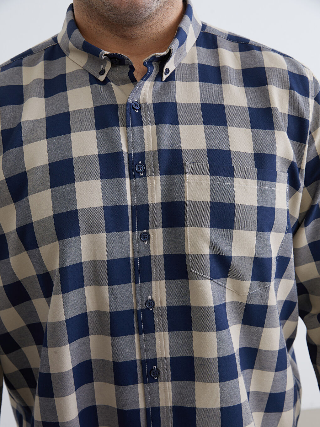 Bej Büyük Beden Regular Fit Uzun Kollu Ekose Gabardin Erkek Gömlek-5