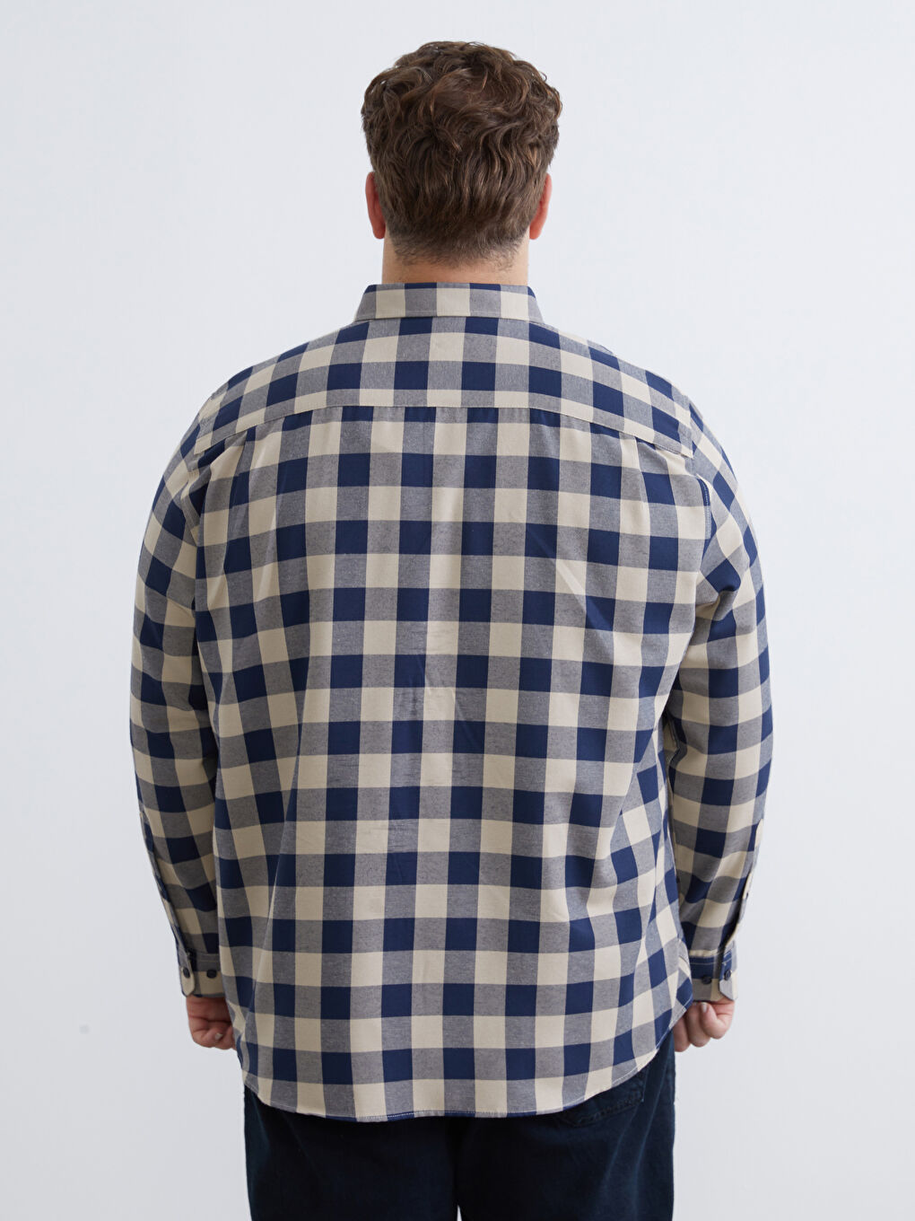 Bej Büyük Beden Regular Fit Uzun Kollu Ekose Gabardin Erkek Gömlek-7