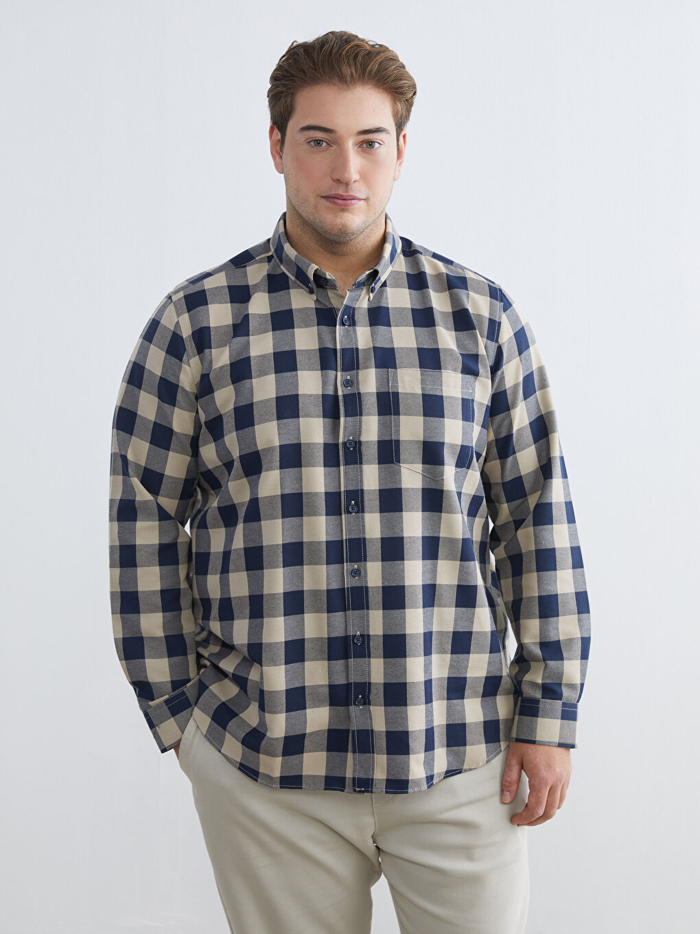 Bej Büyük Beden Regular Fit Uzun Kollu Ekose Gabardin Erkek Gömlek-1