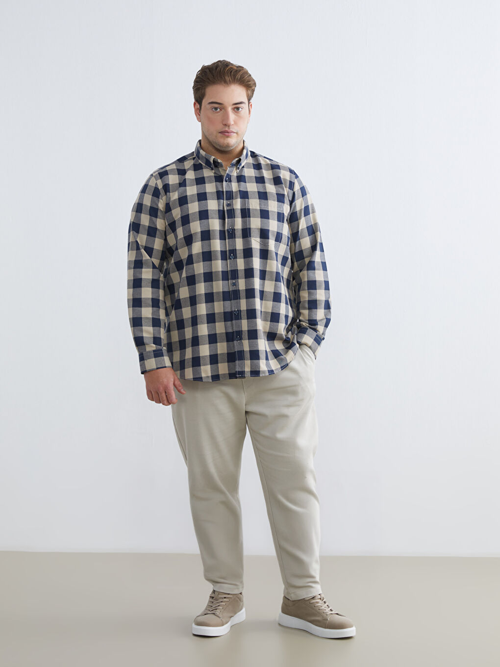 Bej Büyük Beden Regular Fit Uzun Kollu Ekose Gabardin Erkek Gömlek-2