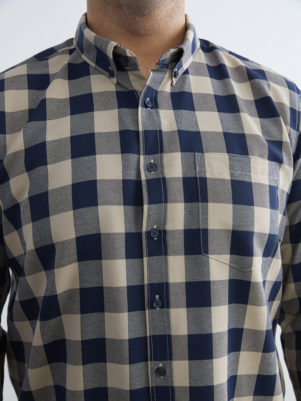 Bej Büyük Beden Regular Fit Uzun Kollu Ekose Gabardin Erkek Gömlek-4