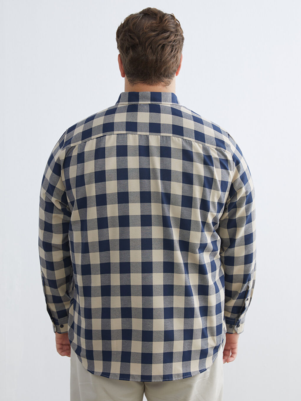 Bej Büyük Beden Regular Fit Uzun Kollu Ekose Gabardin Erkek Gömlek-6