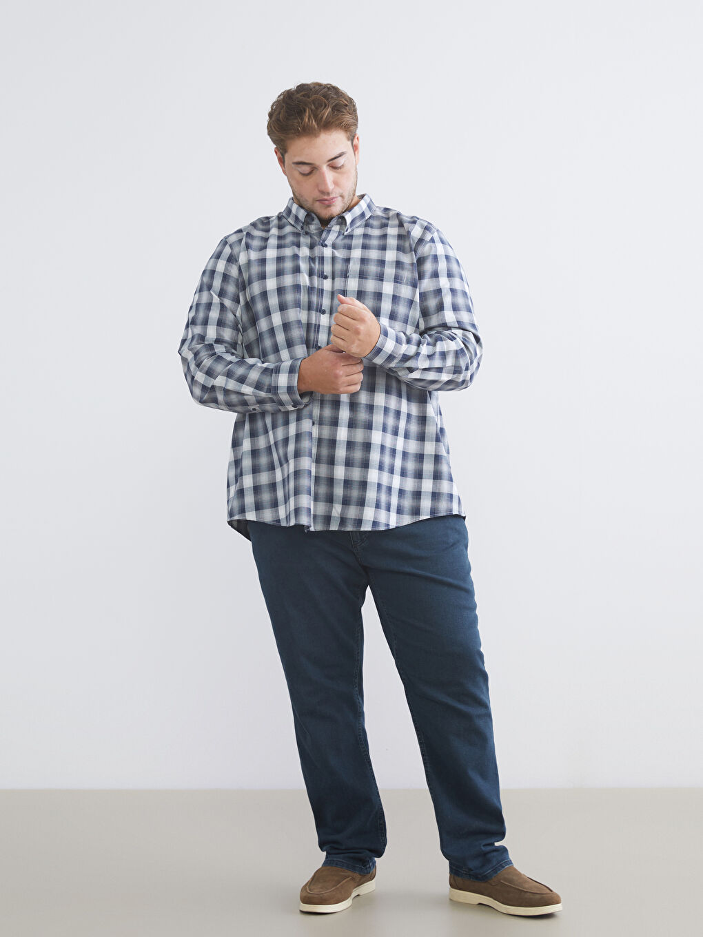 Lacivert Büyük Beden Regular Fit Uzun Kollu Ekose Gabardin Erkek Gömlek-1