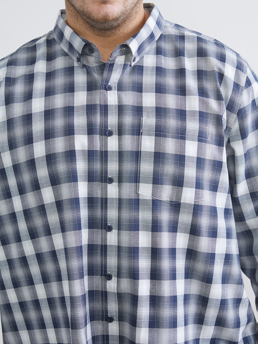 Lacivert Büyük Beden Regular Fit Uzun Kollu Ekose Gabardin Erkek Gömlek-2