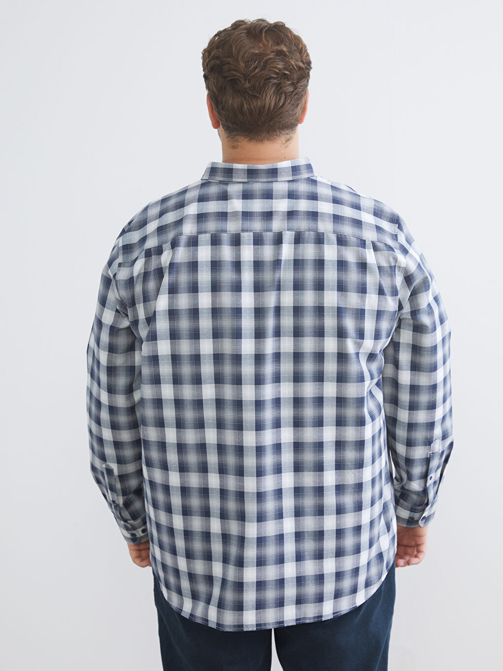 Lacivert Büyük Beden Regular Fit Uzun Kollu Ekose Gabardin Erkek Gömlek-3