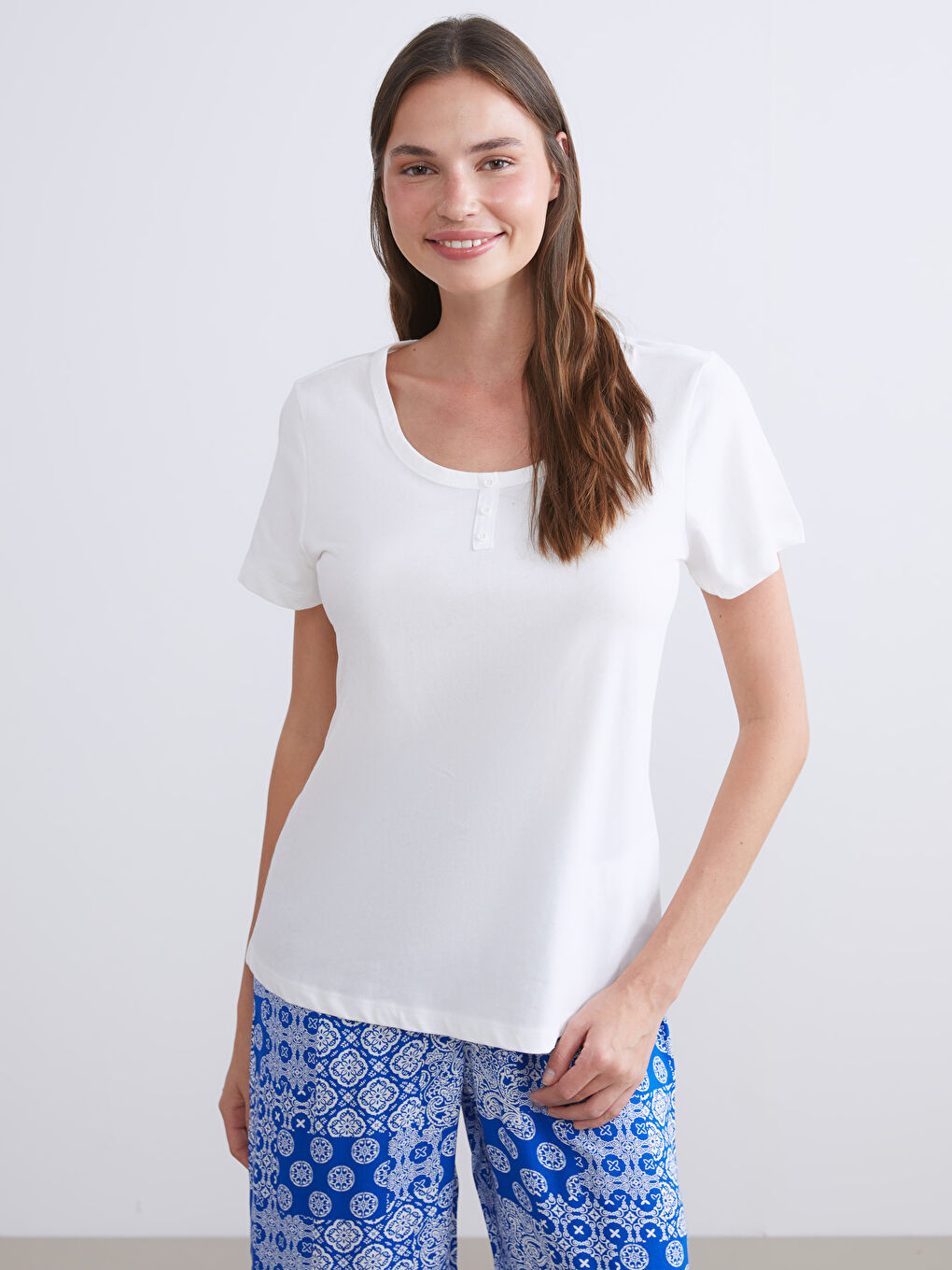 Mavi Bisiklet Yaka Desenli Kadın Kaprili Pijama Takımı-1