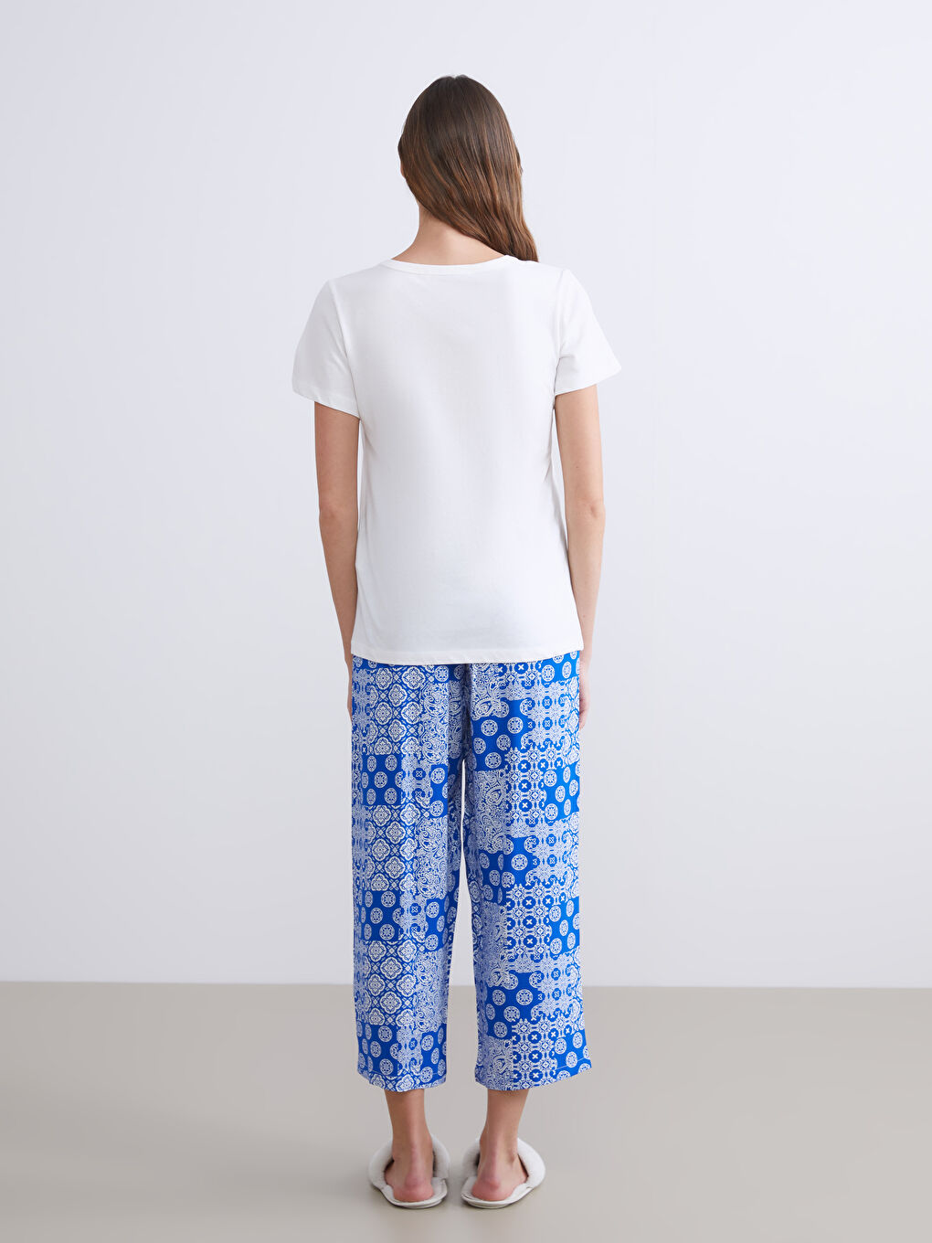 Mavi Bisiklet Yaka Desenli Kadın Kaprili Pijama Takımı-3