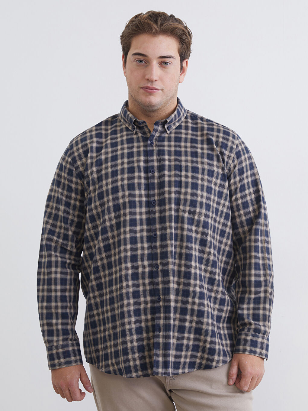 Bej Büyük Beden Regular Fit Uzun Kollu Ekose Gabardin Erkek Gömlek