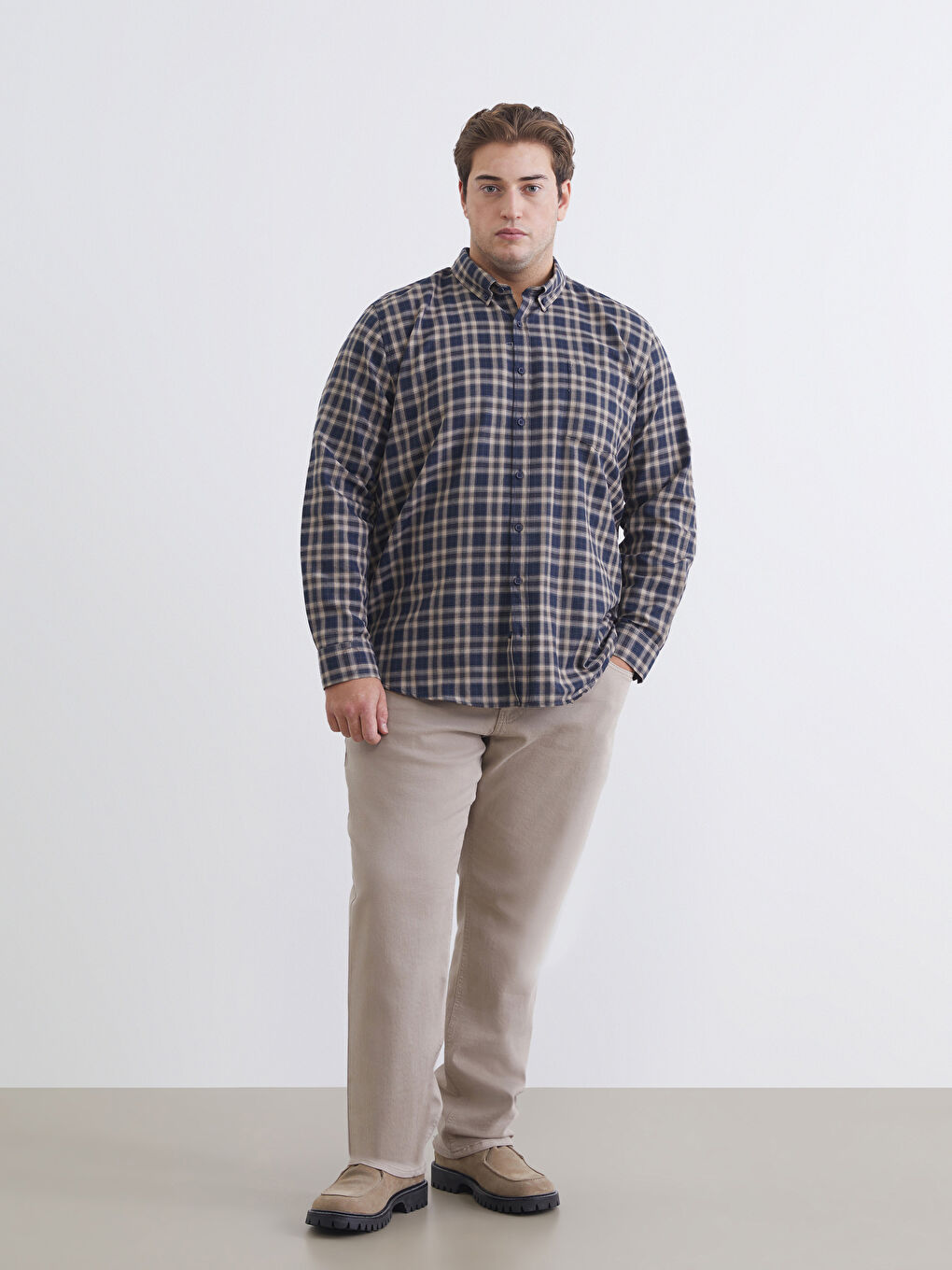 Bej Büyük Beden Regular Fit Uzun Kollu Ekose Gabardin Erkek Gömlek-1