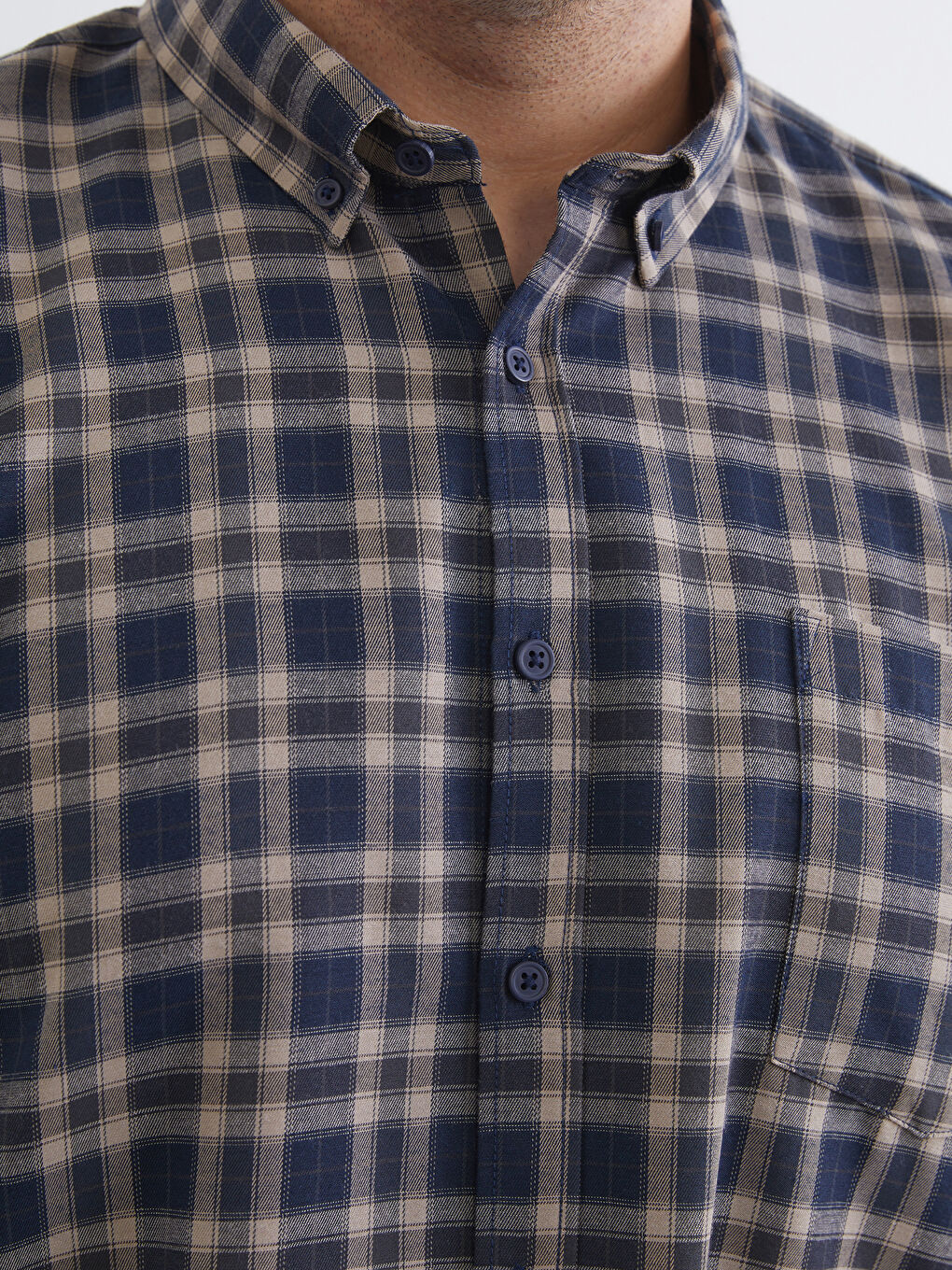 Bej Büyük Beden Regular Fit Uzun Kollu Ekose Gabardin Erkek Gömlek-2