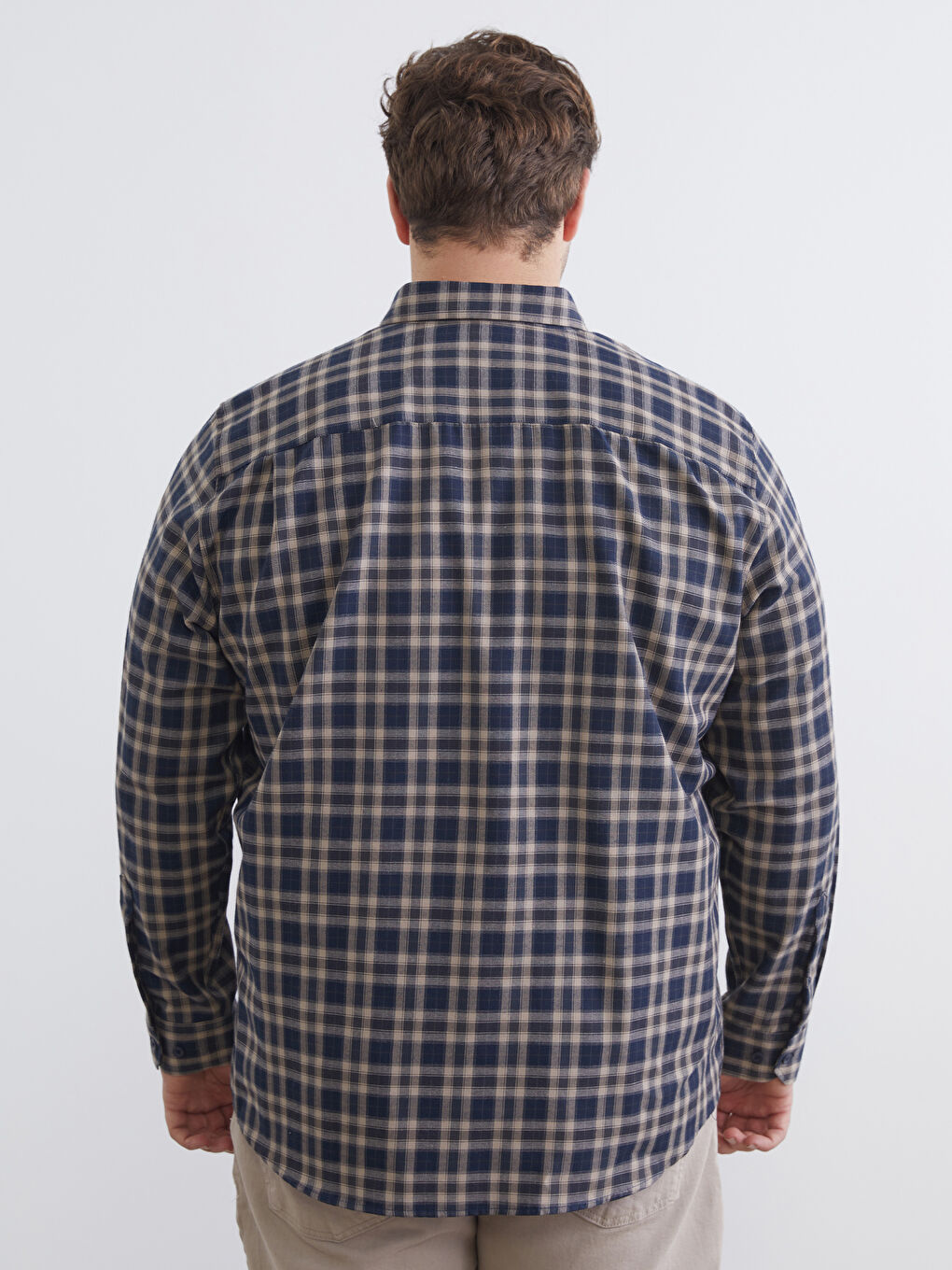 Bej Büyük Beden Regular Fit Uzun Kollu Ekose Gabardin Erkek Gömlek-3