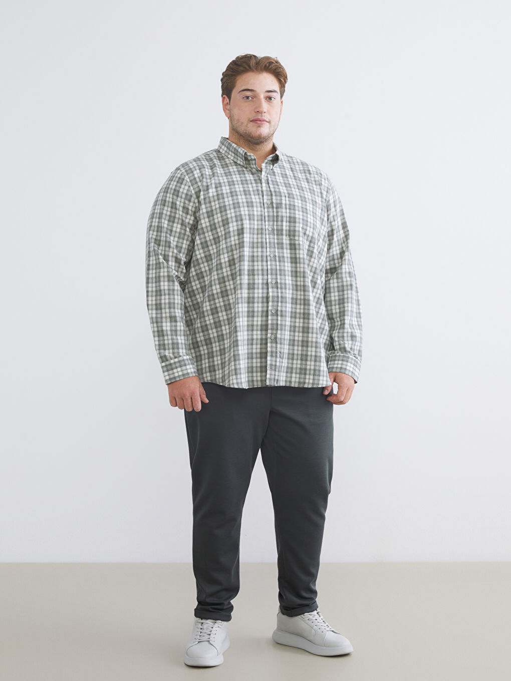 Yeşil Büyük Beden Regular Fit Uzun Kollu Ekose Erkek Gömlek-1